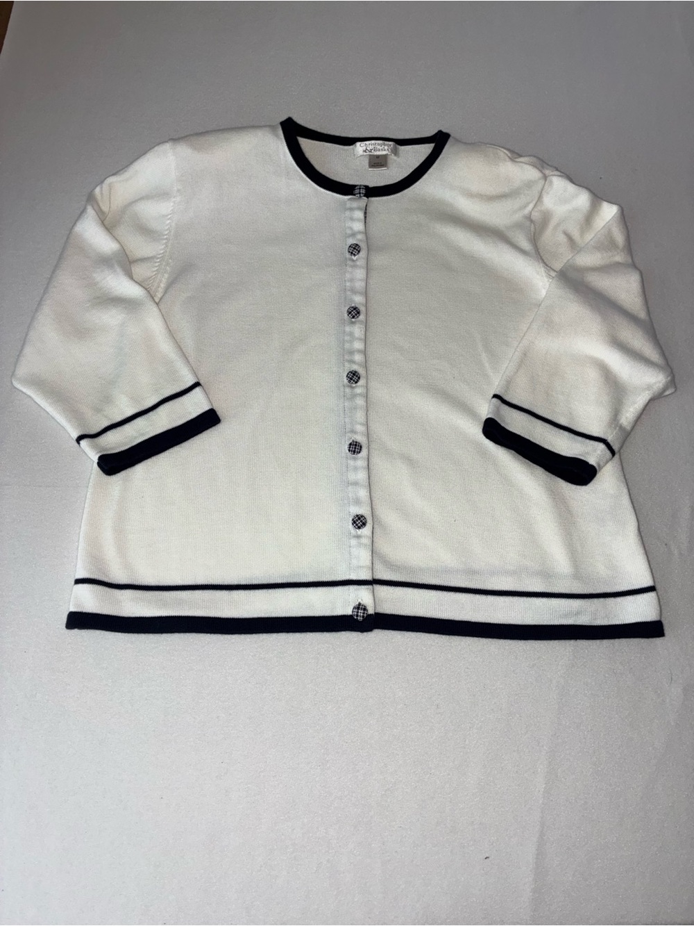 Christopher & Banks White Cardigan with Black Trim Accents with shoulder pads
